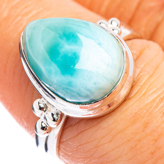 Oval Larimar ring in .925 sterling silver, blue-green stone with bezel and ball details