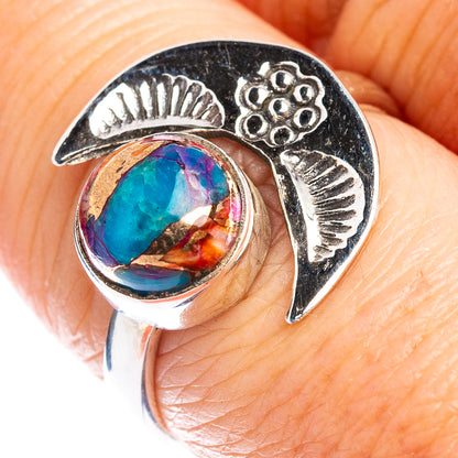 Sterling silver native-style ring with oval multicolor stone and petal details