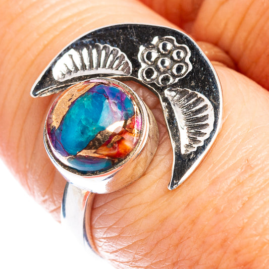 Sterling silver native-style ring with oval multicolor stone and petal details