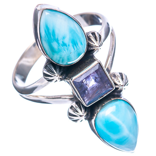 Sterling silver statement ring with two oval blue stones and a square purple center