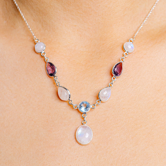 925 sterling silver necklace with opalescent moonstone and blue topaz accents