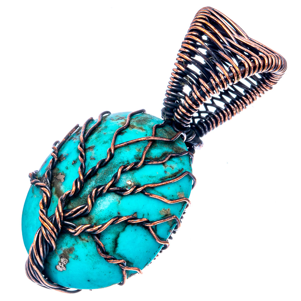 Oxidized copper wire-wrapped turquoise tree of life pendant, oval cabochon