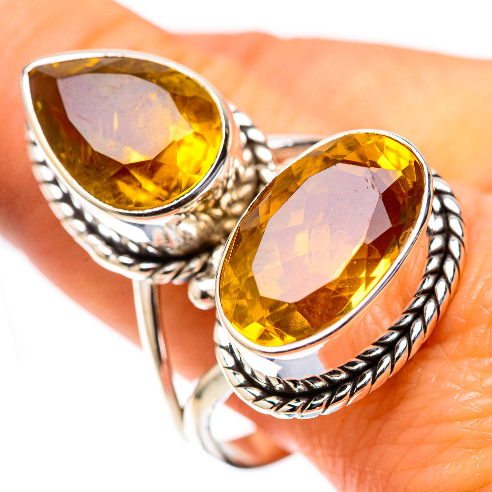 925 sterling silver citrine ring with two large faceted teardrop yellow gemstones