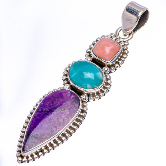 Sterling silver pendant with three oval cabochon stones: pink, teal, and purple