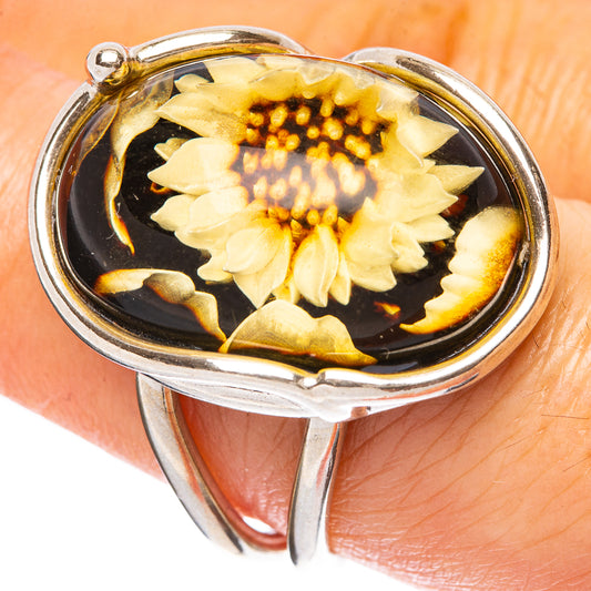 Amber Intaglio Sunflower Ring Size 7 Adjustable (925 Sterling Silver) R3806