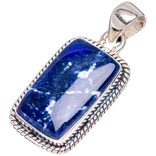 Sodalite cabochon pendant, rectangular blue stone in 925 sterling silver rope border