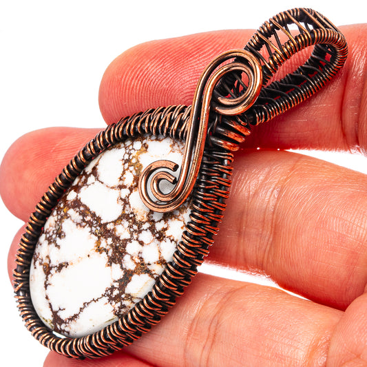 Oxidized copper wire-wrapped teardrop jasper pendant with C-link frame detail