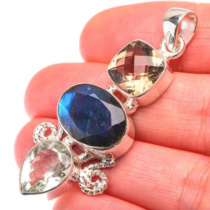 Labradorite, Green Amethyst, Smoky Quartz Pendant 2" (925 Sterling Silver) PD38513