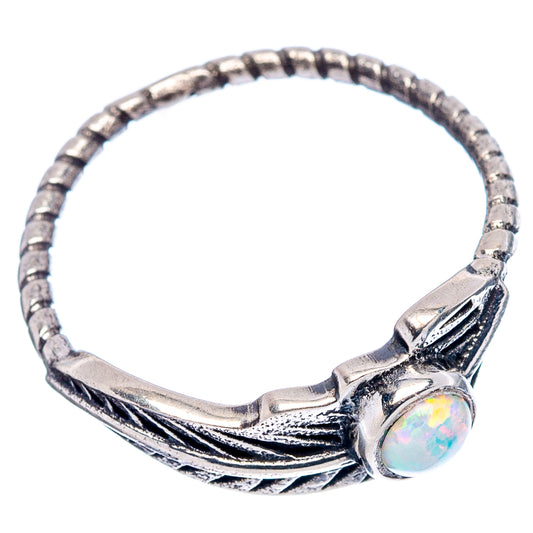 Sterling silver dainty feather ring with round opal lab-created gemstone, open band