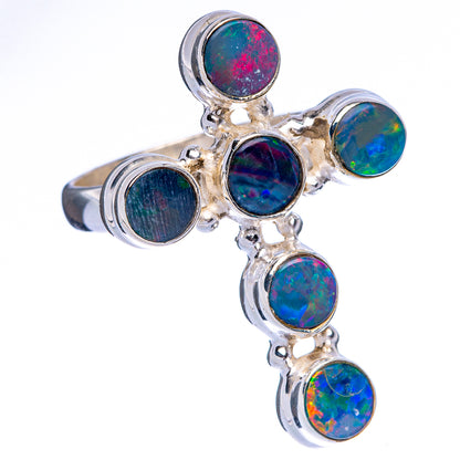 Silver opal cross ring, round multicolor stones on a rounded band