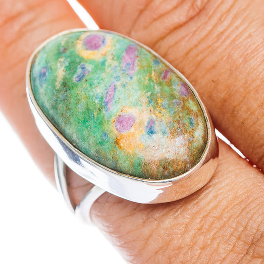 Oval green fuchsite and purple stone set in .925 sterling silver ring, size 9.75