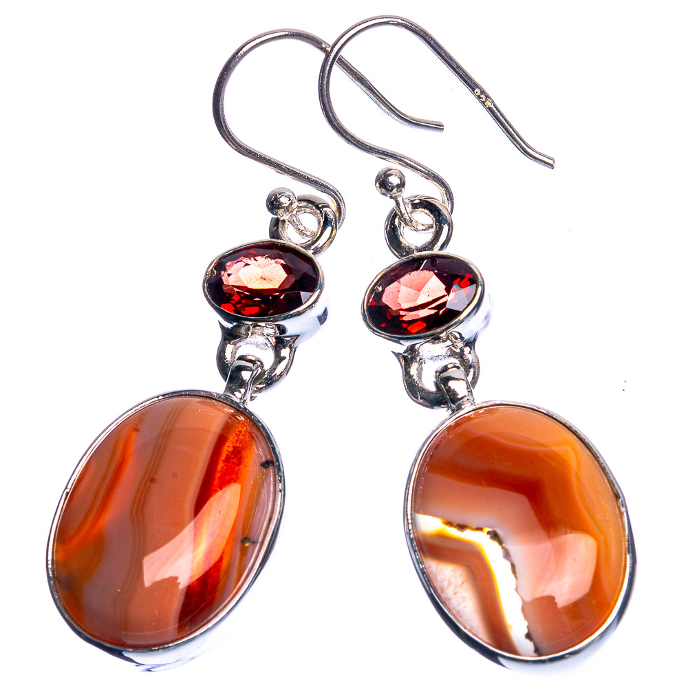 Botswana Agate, Garnet 925 Sterling Silver Earrings 1 3/4"