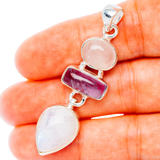 Premium Multi-Gem Rainbow Moonstone, Amethyst, Rose Quartz Pendant 2 1/8" (.925 Sterling Silver)