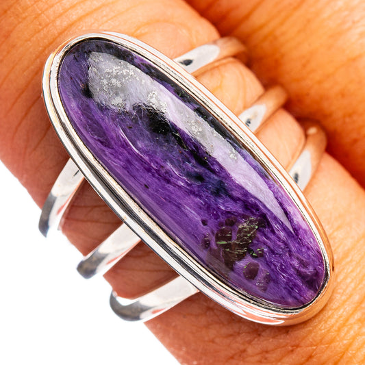 Sterling silver charoite ring, size 8, oval purple stone in bezel setting