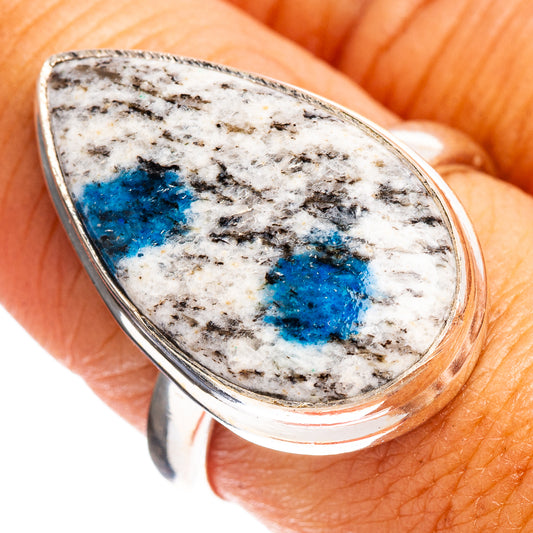 Sterling silver ring with teardrop azurite stone, deep blue veins on light matrix
