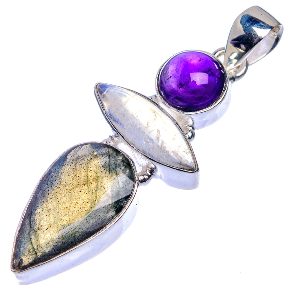 Labradorite, Rainbow Moonstone, Amethyst Pendant 2" (925 Sterling Silver) P39704