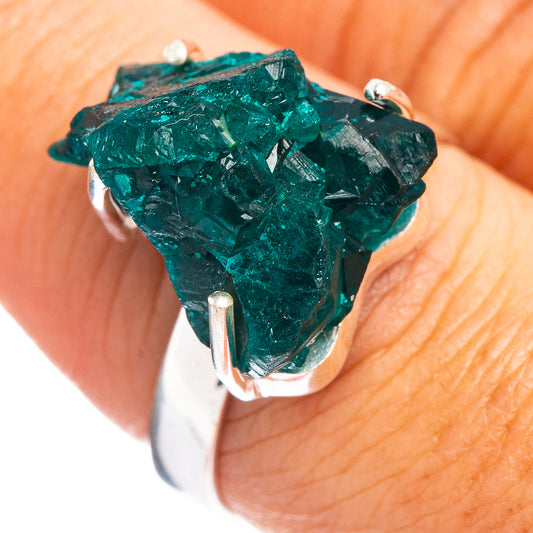Dioptase ring in .925 sterling silver with teal green rough gemstone, size 8.