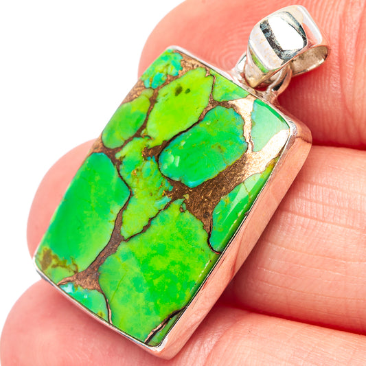 Green turquoise rectangle pendant with .925 sterling silver bail and copper backing