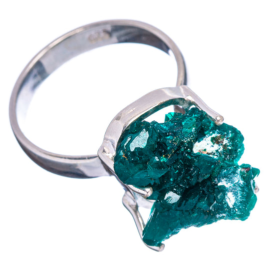 Raw green dioptase stone ring in sterling silver, faceted cluster with prongs