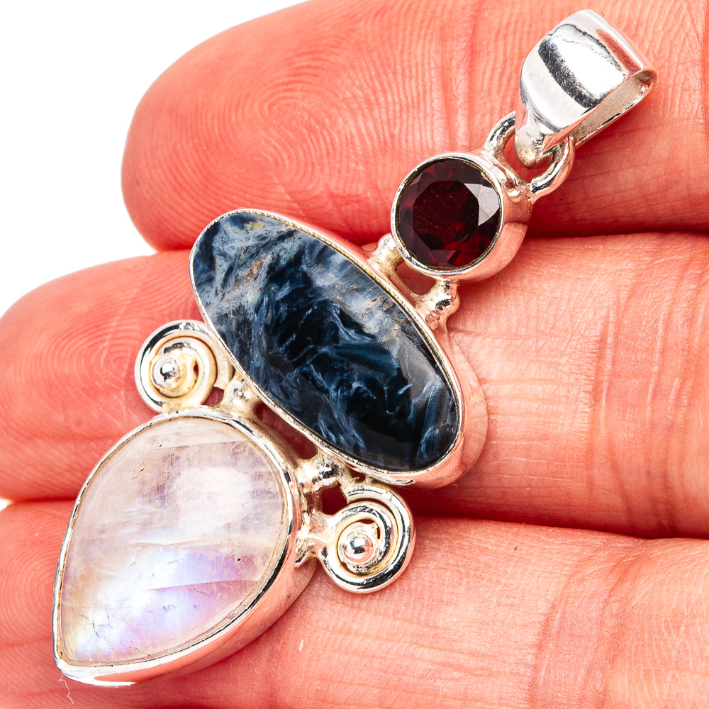 Premium Pietersite, Rainbow Moonstone, Garnet Pendant 1 3/4" (.925 Sterling Silver)