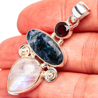 Premium Pietersite, Rainbow Moonstone, Garnet Pendant 1 3/4" (.925 Sterling Silver)