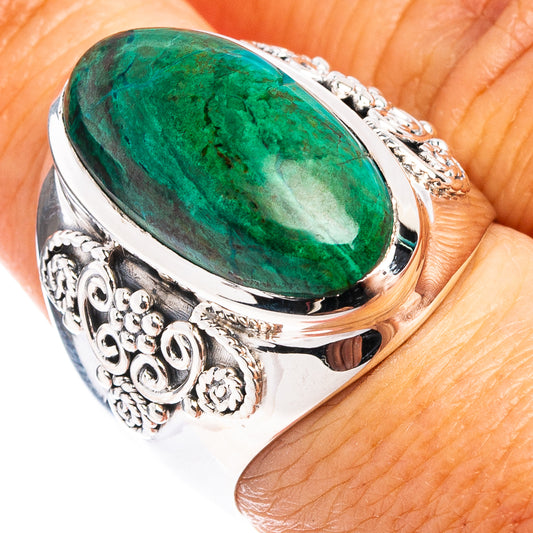 Oval green chrysocolla ring with ornate .925 sterling silver band, size 7