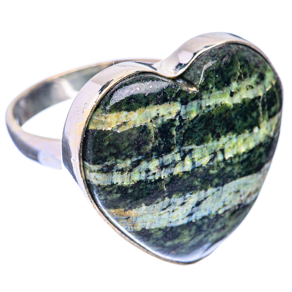 Heart-shaped green vein jasper ring on 925 sterling silver band, size 9