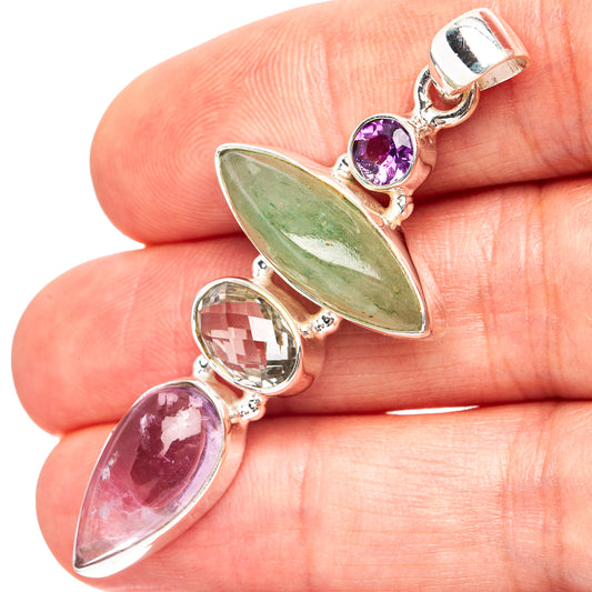 925 sterling silver pendant with green prehnite and purple amethyst oval stones