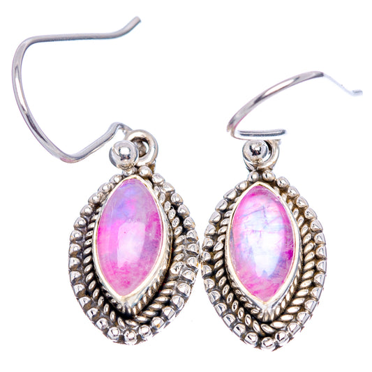 Oval pink moonstone drop earrings in .925 sterling silver, French-hook beaded halo settings