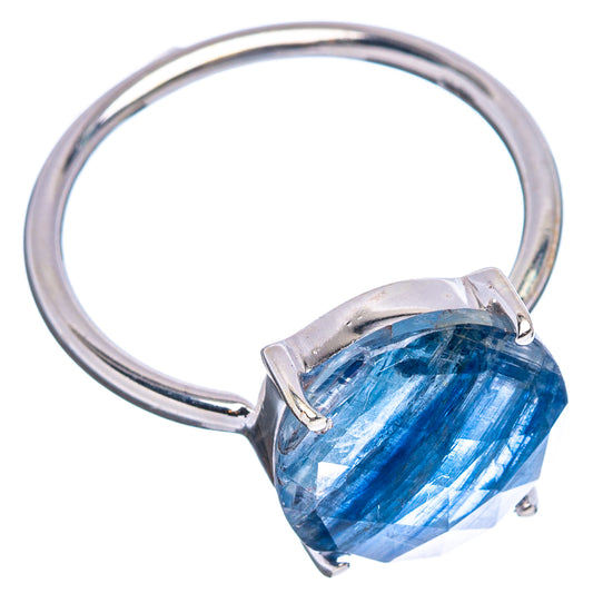 Oval faceted kyanite ring with dark blue gemstone in .925 sterling silver band, size 8