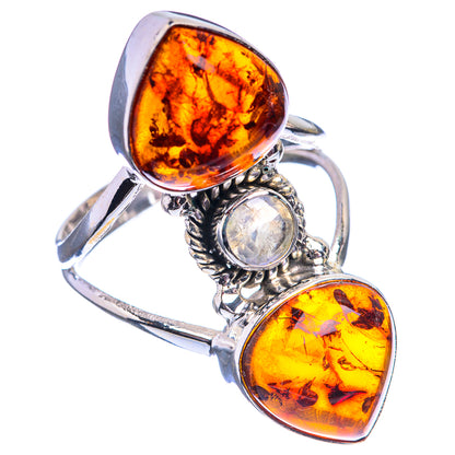 Large Baltic Amber, Rainbow Moonstone Ring Size 9.75 (925 Sterling Silver) R142203