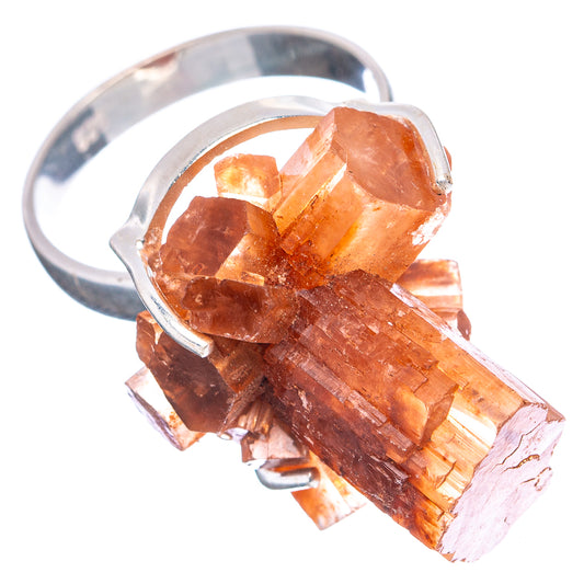Orange aragonite ring, large rough crystal centerpiece on .925 sterling silver band