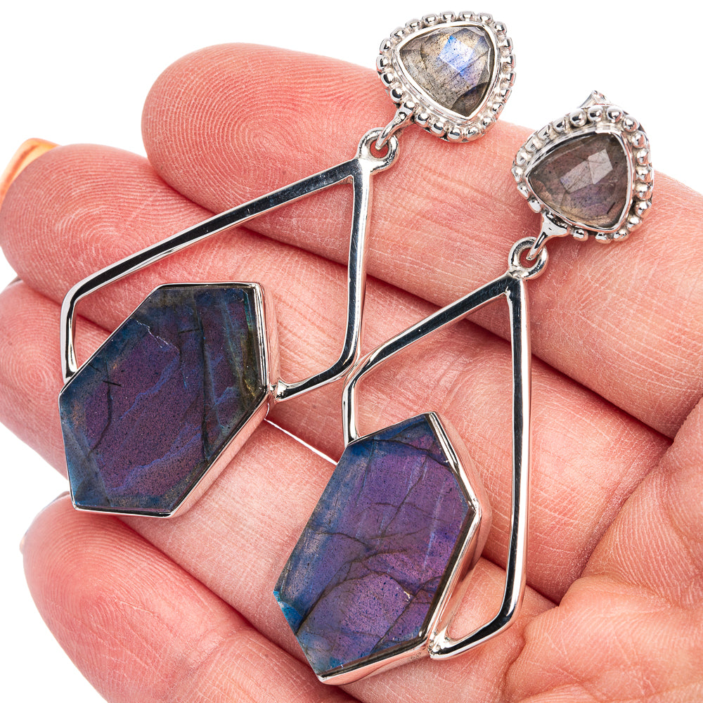 925 sterling silver labradorite drop earrings with faceted hexagon and pear stones