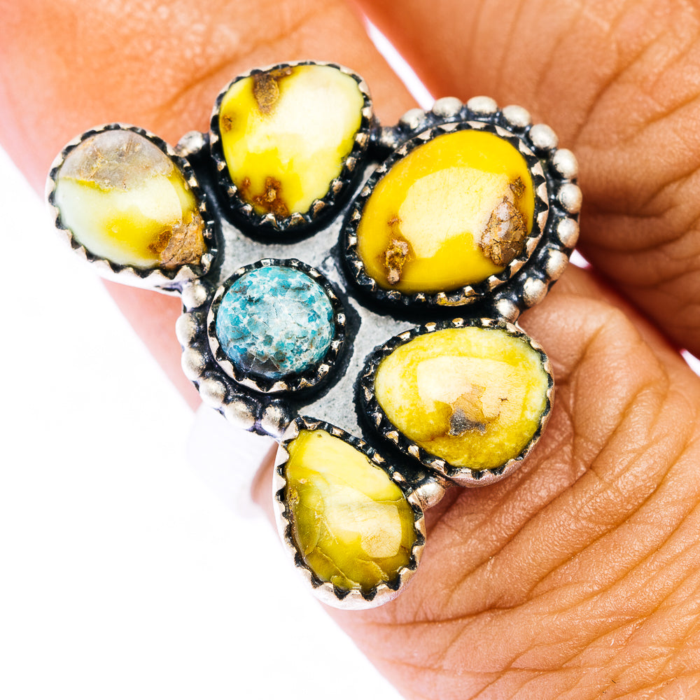Turquoise and yellow stone cluster ring with silver scalloped bezel