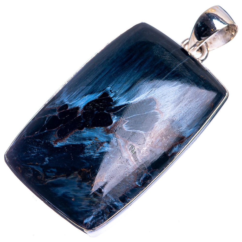 Rectangular pietersite pendant in dark blue with gray highlights and silver bail