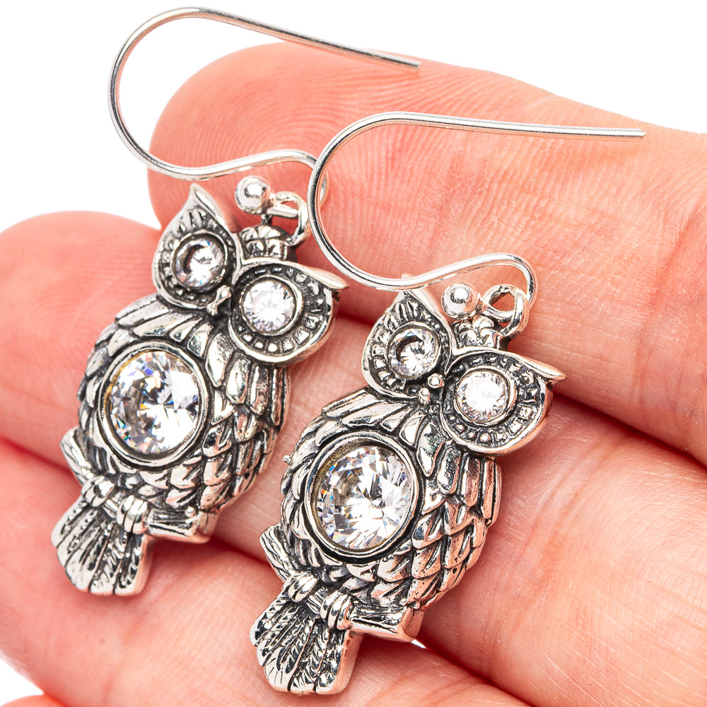 Dainty Cubic Zirconia Owl Earrings 1 5/8" (925 Sterling Silver) E2883