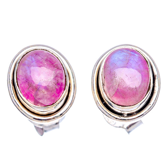 Pink oval moonstone cabochon earrings, .925 sterling silver bezel, teardrop frame