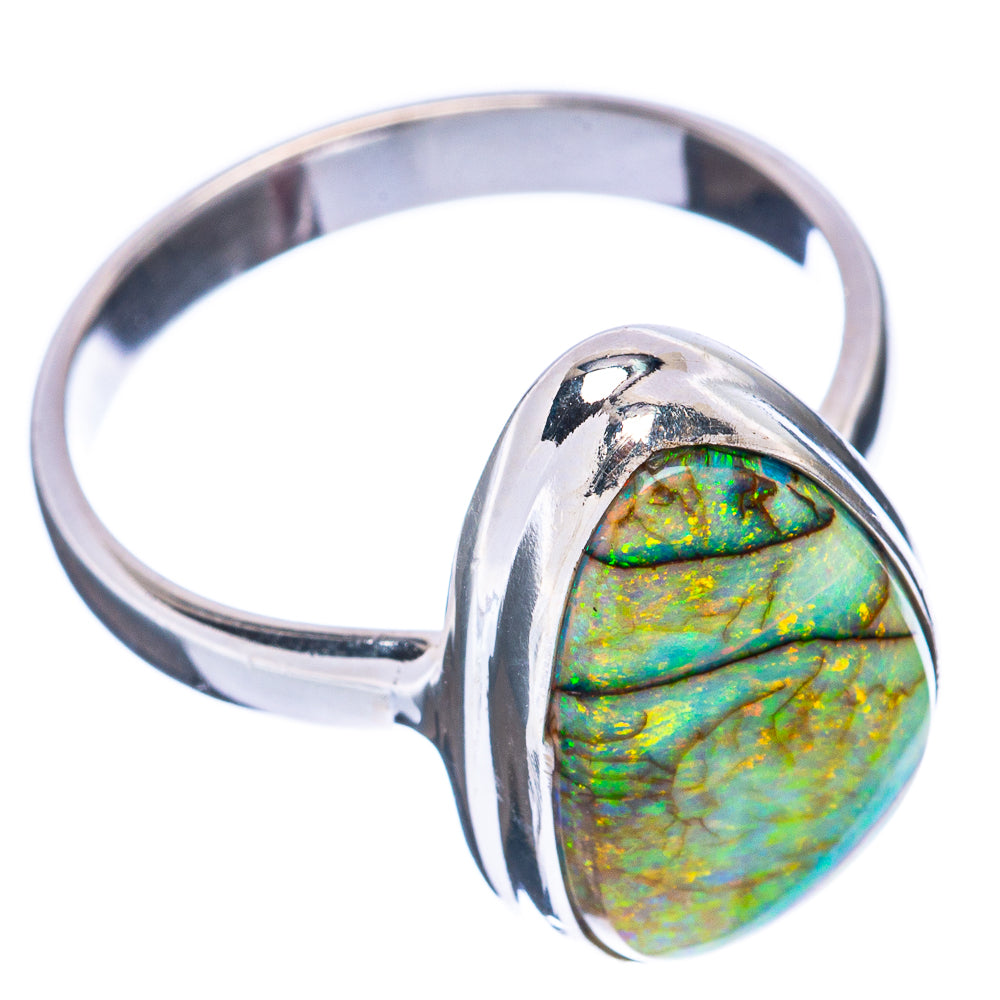 Sterling silver oval opal ring with raised bezel, green-gold iridescent stone size 9.25