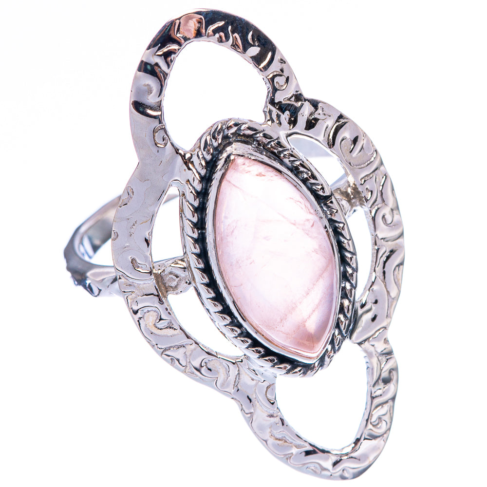 Sterling silver rose quartz oval ring with engraved band; pink stone; size 8.75