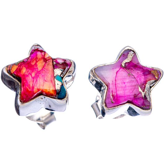 Pair of pink and purple star earrings with turquoise inlay, .925 sterling silver studs