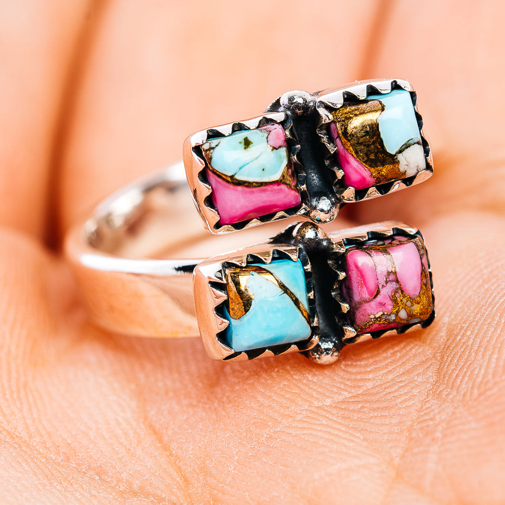 Southwestern Style Cotton Candy Turquoise Ring Size 6 Adjustable (.925 Sterling Silver)