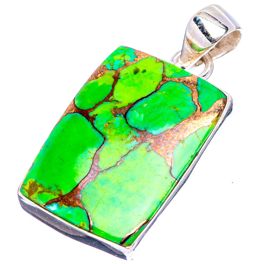 Sterling silver turquoise rectangle pendant, vibrant green and brown stone pattern, bail