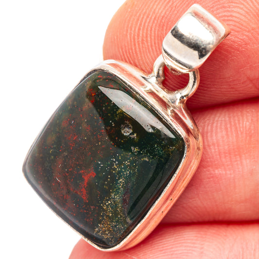 Bloodstone pendant in rectangular sterling silver bezel with dark red-green stone