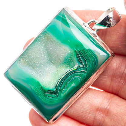 Green agate druzy pendant, silver bezel and bail with rectangular stone
