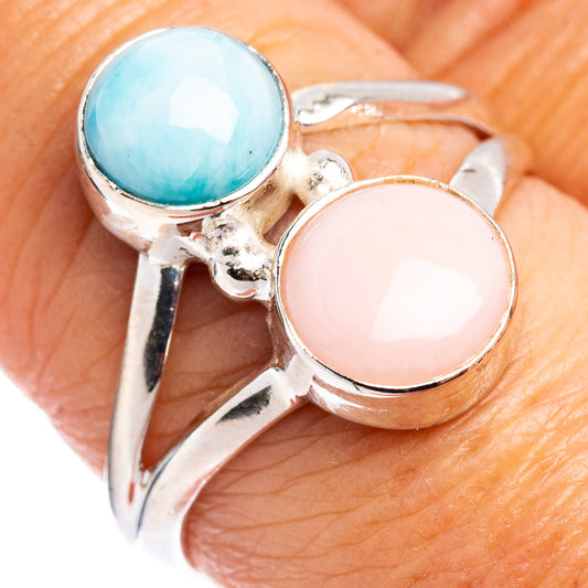 Sterling silver gemstone ring with oval blue Larimar and round pink opal cabochon