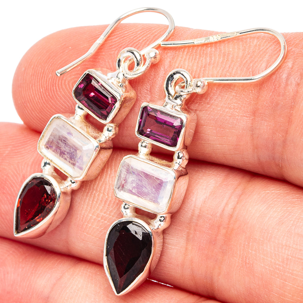 Rainbow Moonstone, Garnet 925 Sterling Silver Earrings 1 1/2" (925 Sterling Silver) E2221