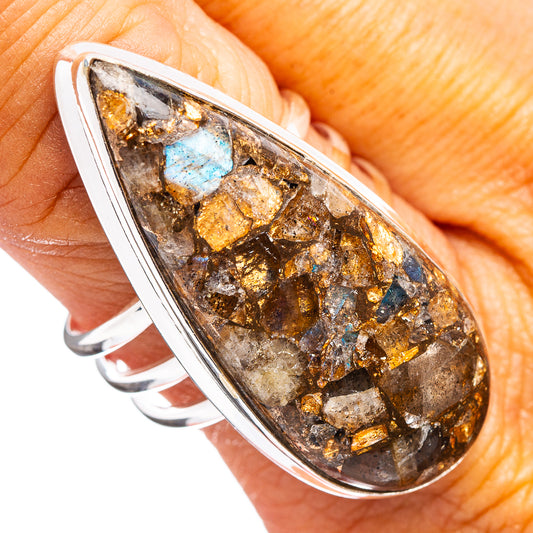 Sterling silver teardrop matrix ring with bronze, gold flecks and blue iridescence