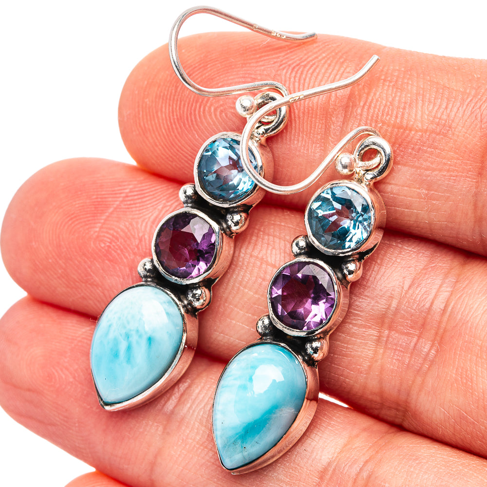 Sterling silver drop earrings with blue topaz, amethyst and larimar stones, hook back