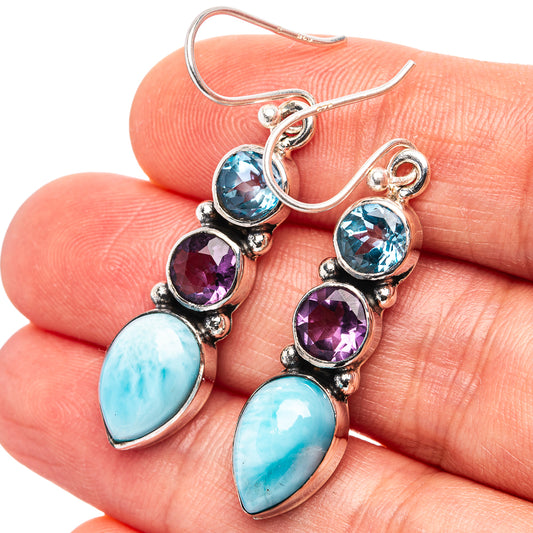 Sterling silver drop earrings with blue topaz, amethyst and larimar stones, hook back