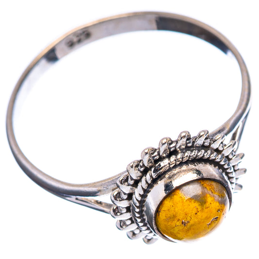 Sterling silver jasper ring, round yellow cabochon with detailed halo setting